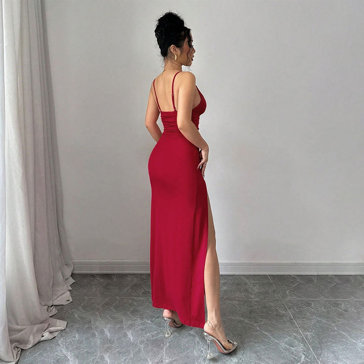 Damen Maxikleid mit tiefem V-Ausschnitt und hohem Schlitz Drune