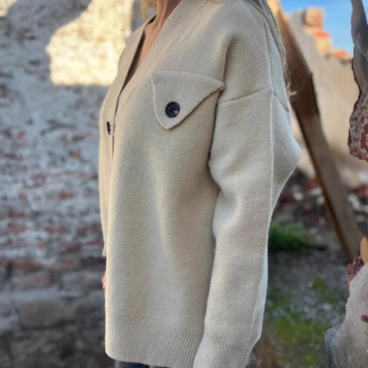 Damen gemütlicher Strick-Cardigan mit Knopfdetails und breiten Ärmel Drune