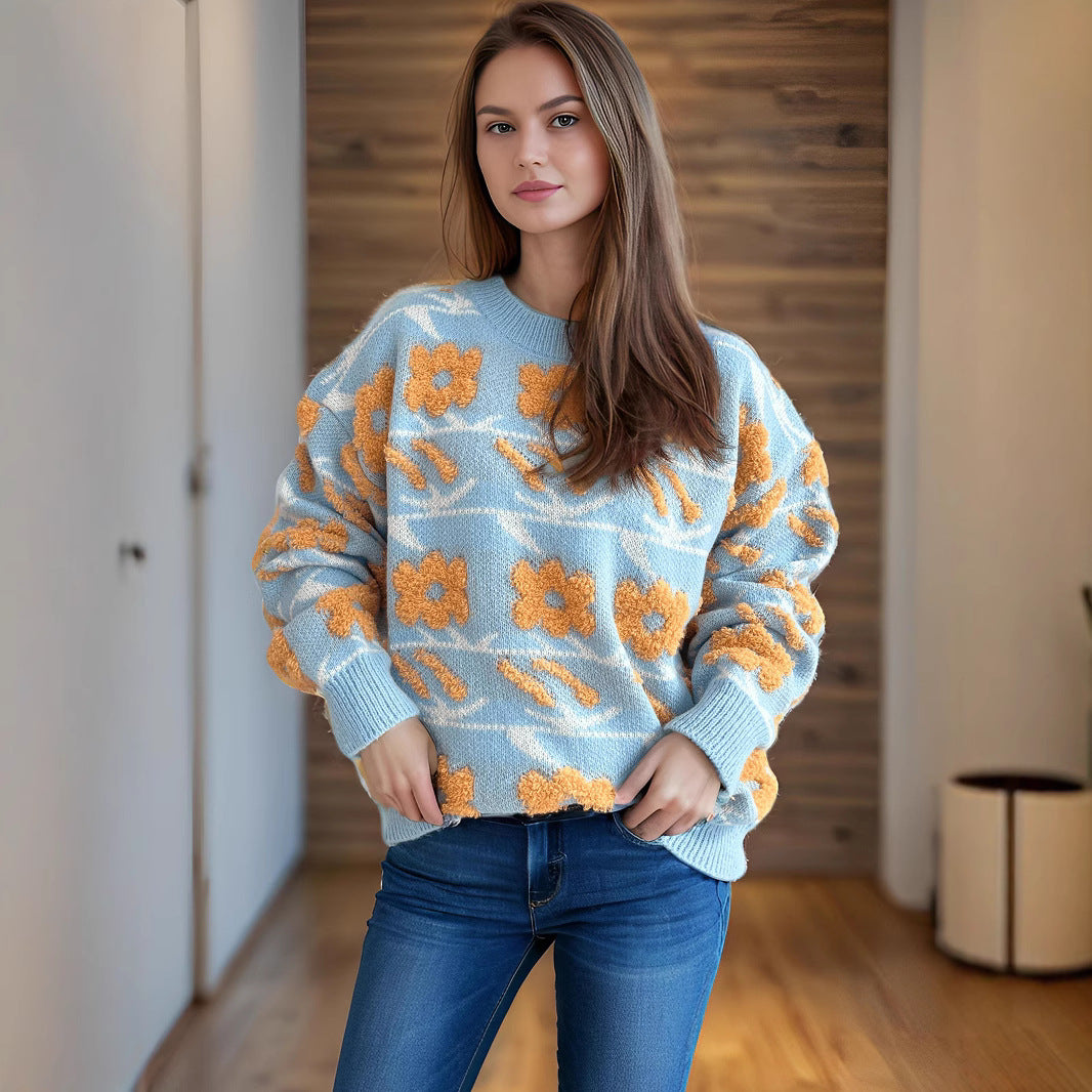 Damen Strickpullover mit floralem Muster und lässigem Schnitt Drune
