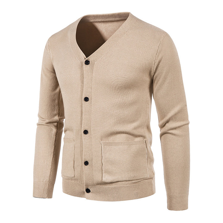 Herren nan schlanker Feinstrick-Cardigan mit V-Ausschnitt, Knopfleiste und aufgesetzten Taschen Drune