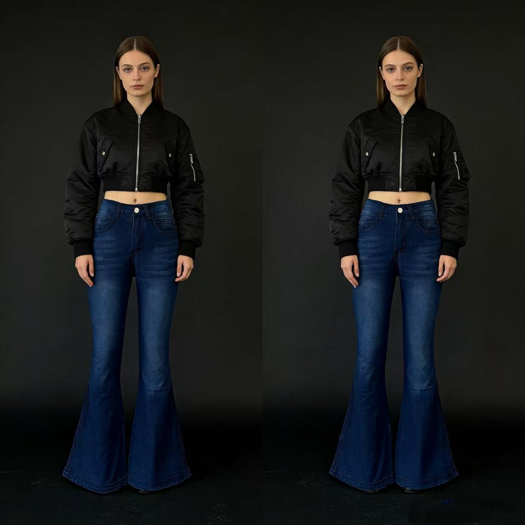 Damen nan High‑Waist Schlagjeans mit modellierender Hüftform, verstärkten Beinnähten und extra weitem Trompetenbein Drune
