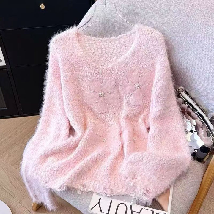 Damen kuscheliger Pullover mit floralen Applikationen Drune