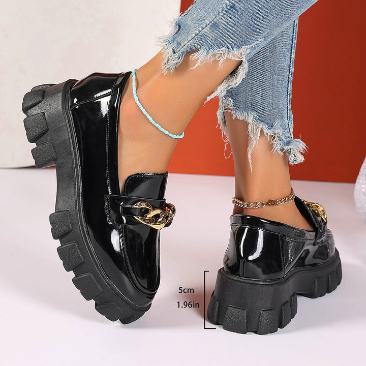Damen nan trendige Lack-Loafer mit grober Profilsohle und goldener Kettenapplikation Drune