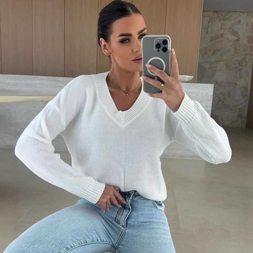 Damen luftiger Strickpullover mit modernem V-Ausschnitt und strukturiertem Design Drune