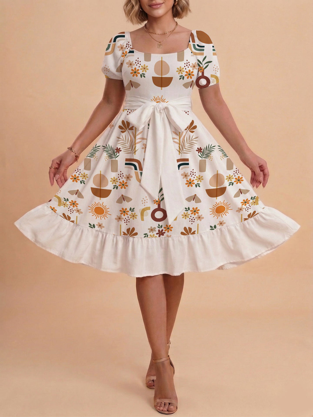Damen Sommerliches Blumenkleid mit taillierbarem Gürtel und voluminösen Ärmeln Drune