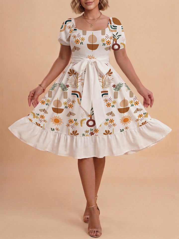 Damen Sommerliches Blumenkleid mit taillierbarem Gürtel und voluminösen Ärmeln Drune