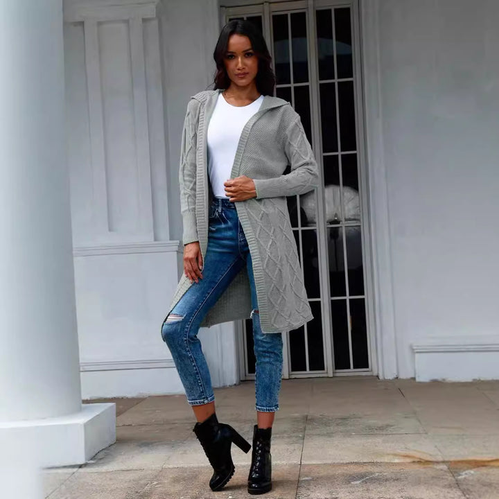 Damen Strickmantel mit Kapuze und dekorativem Zopfdesign Drune