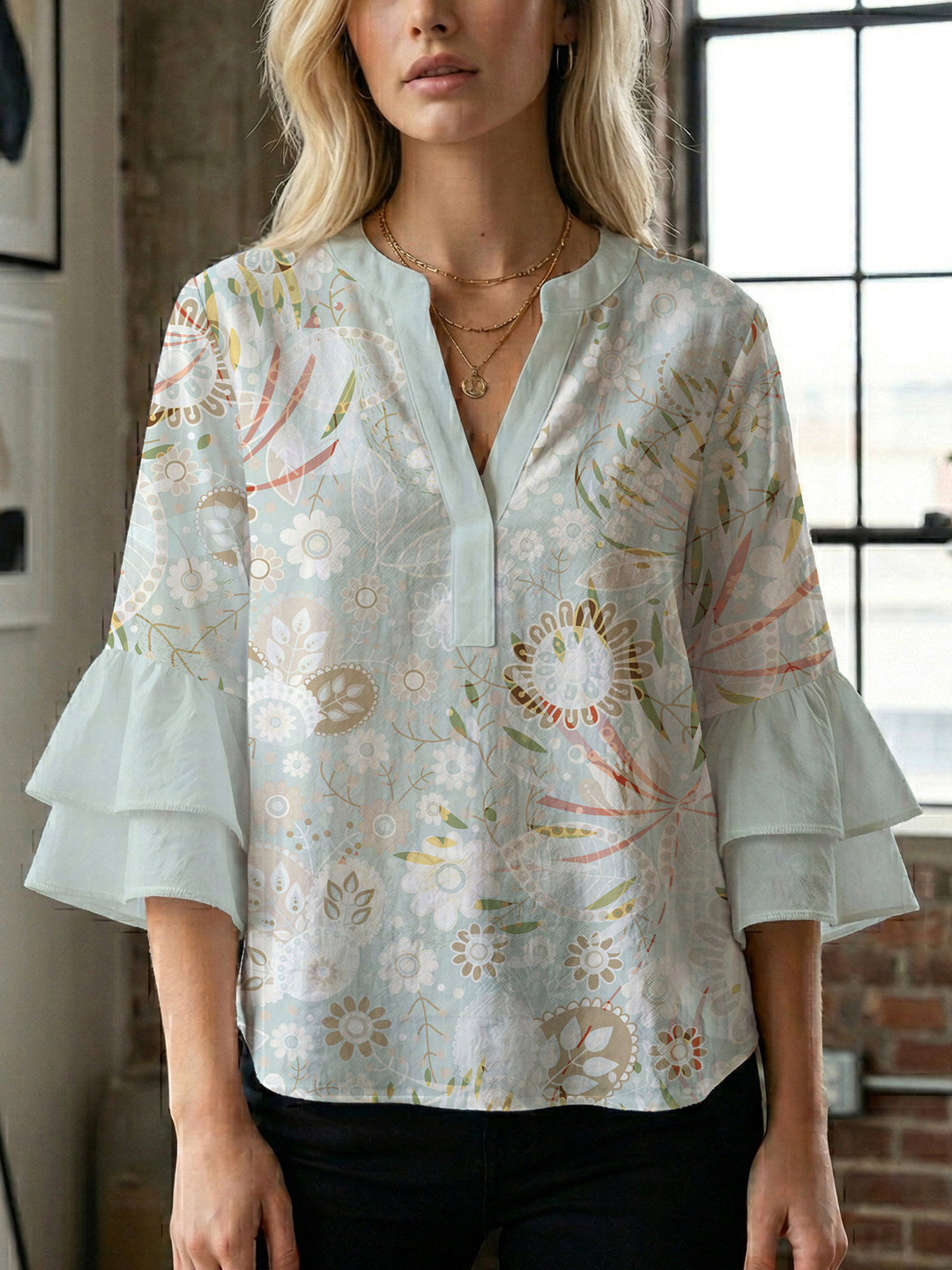 Damen Blusenshirt mit voluminösen Ärmeln und floralem Muster Drune