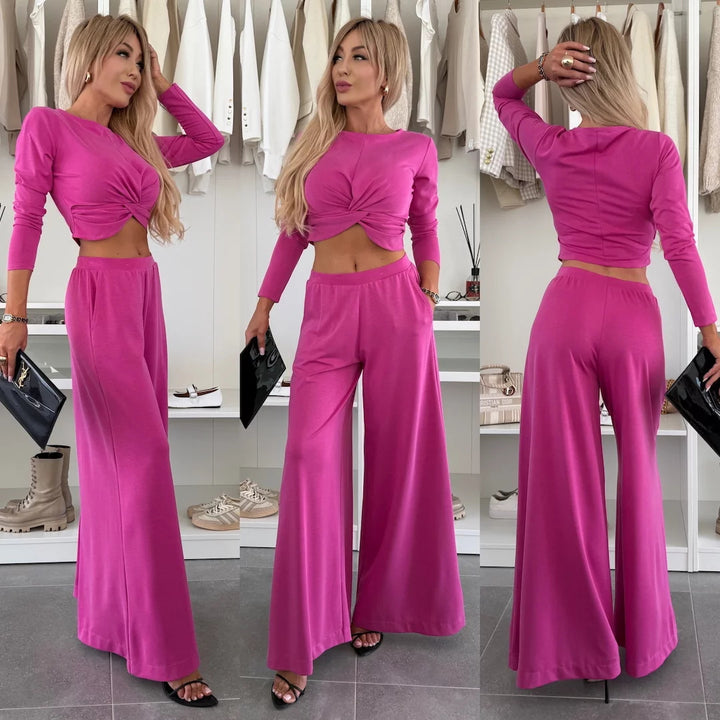 Damen modisches und elegantes Freizeit-Set mit lässigem Cropped-Oberteil und weiten Hosen Drune
