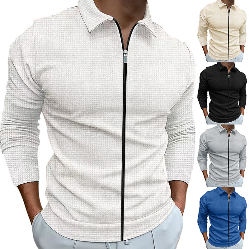 Herren nan texturiertes Slim-Fit Langarm-Poloshirt mit Frontreißverschluss und Hemdkragen Drune