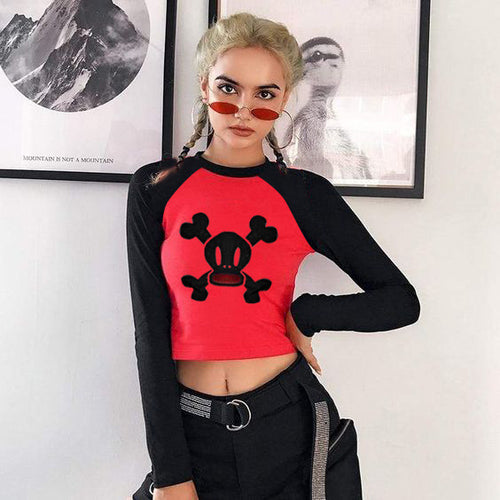Damen trendiges Raglan-Crop-Top mit Totenkopf-Print Drune
