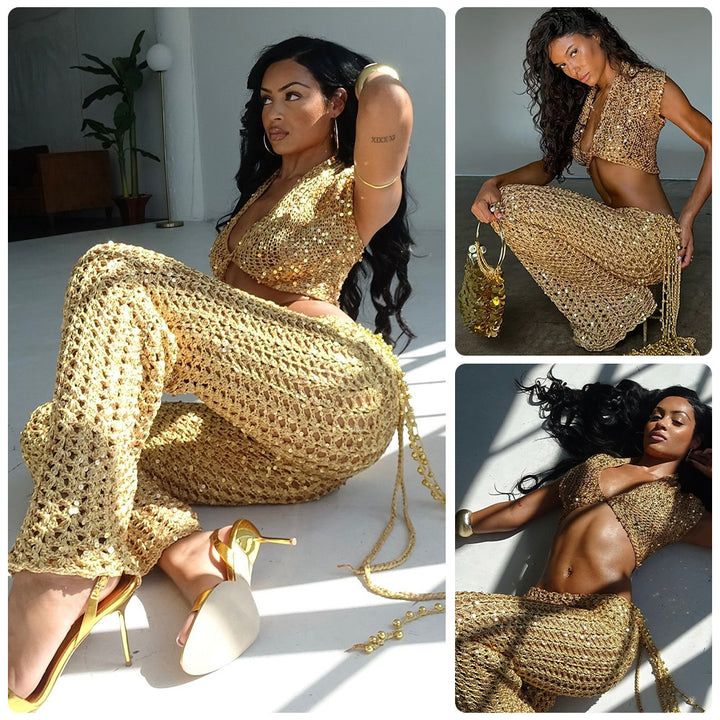 Damen Knöchellanges Glitzer-Overfit-Set mit funkelnden Details und fließendem Design Drune