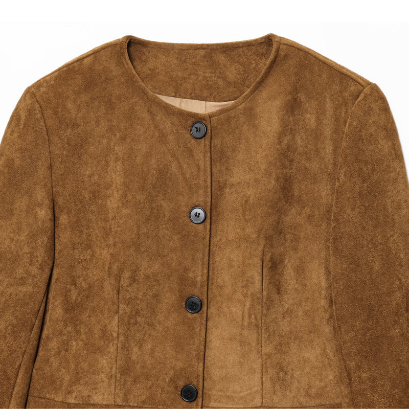 Damen elegante Kunstlederjacke mit knopfbeschichtetem Design Drune
