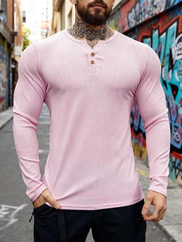 Herren nan geripptes Langarm-Henleyshirt mit flacher Knopfleiste und körperbetonter Stretch-Passform Drune