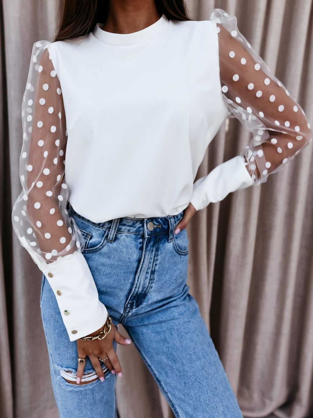 Damen Elegante Bluse mit transparenten Puffärmeln und Punkten Drune