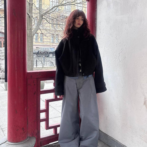 Damen Oversized Wolljacke mit hohen Kragen und praktischen Taschen Drune
