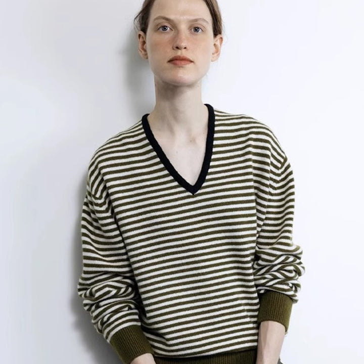 Damen gestreifter V-Ausschnitt Pullover Drune