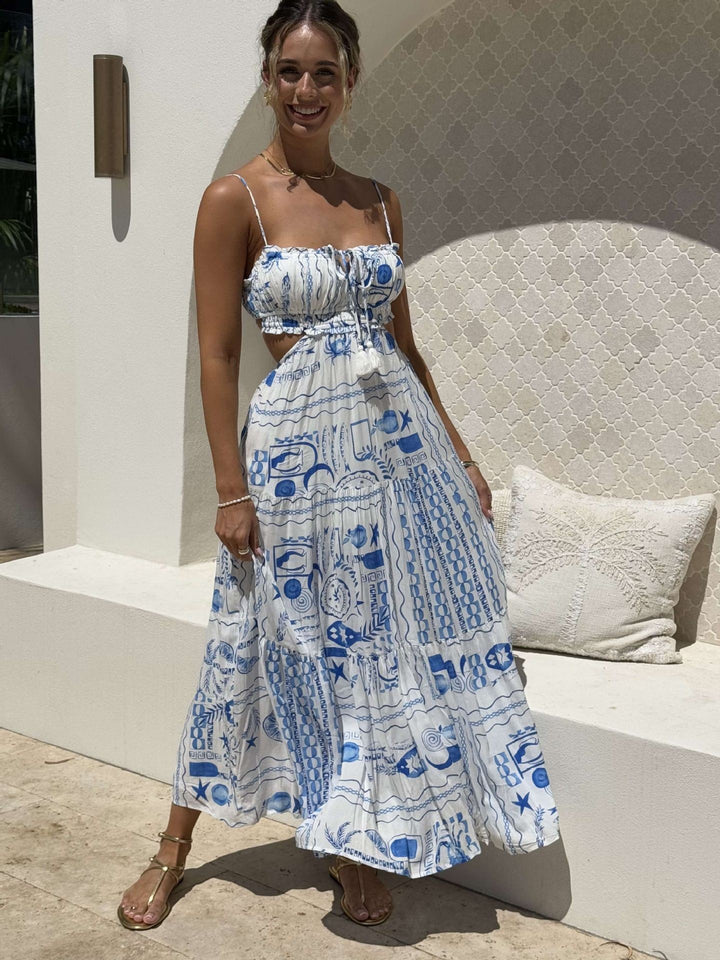 Damen Maxikleid mit Cut-Out-Design und verspielten Rüschen Drune