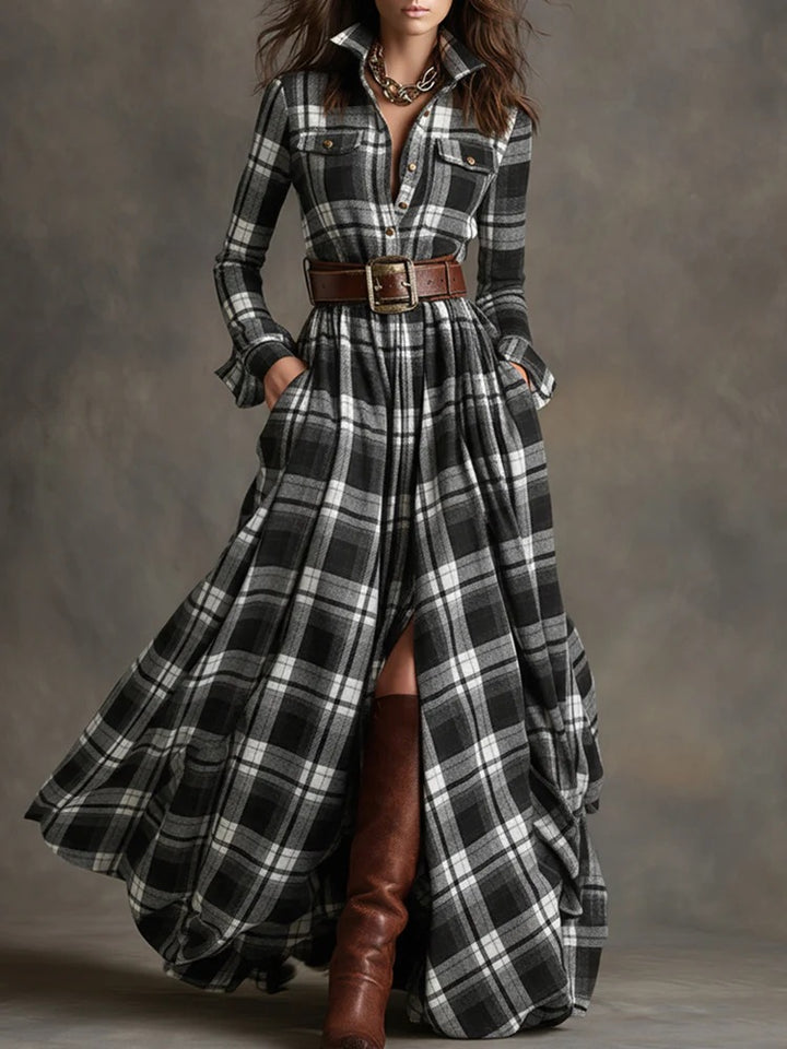 Damen nan karierte Maxikleid Hemdblusenkleid mit ausgestelltem Rock und breitem Taillengürtel Drune