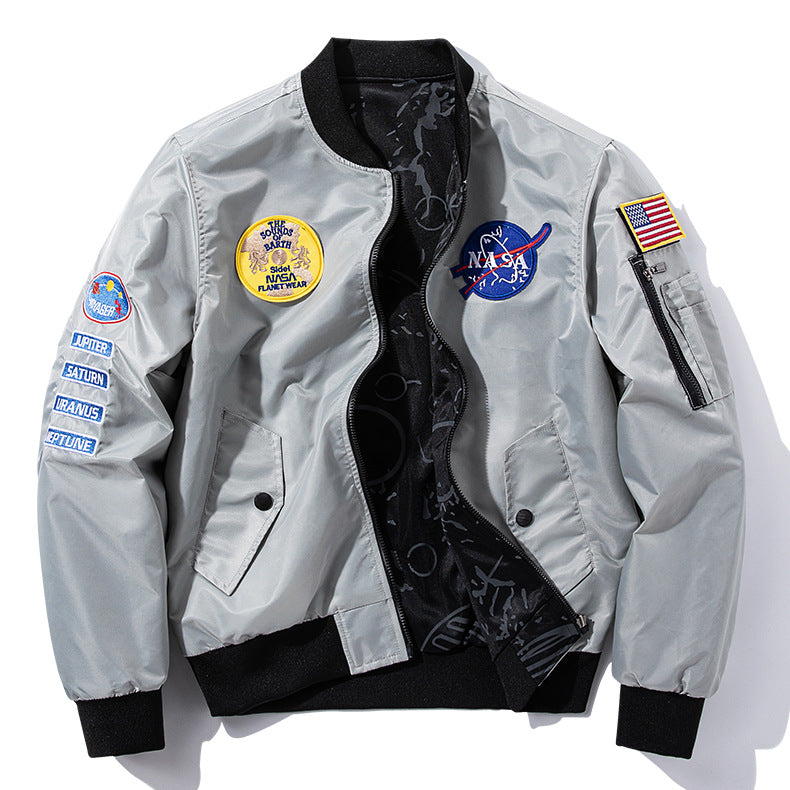 Herren  bestickte Raum-Patch glänzende Shell Bomberjacke mit bedrucktem Innenfutter und Ärmel-Reißverschluss-Nutztasche Drune