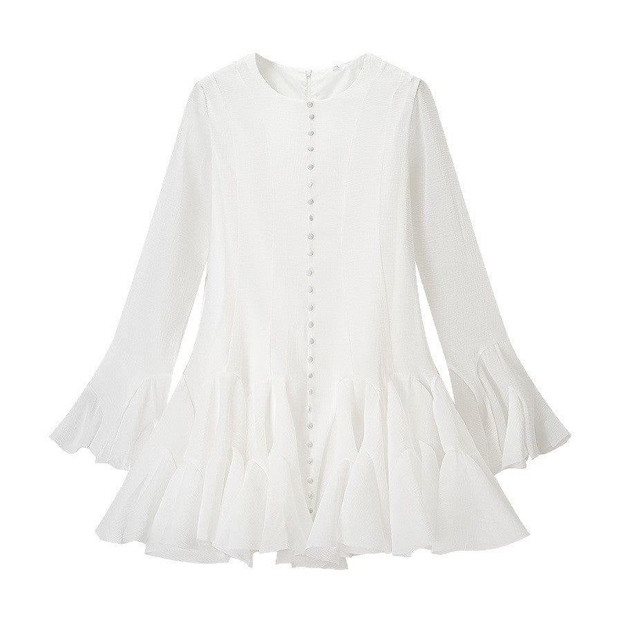 Damen Volantkleid mit langen Ärmeln und Knopfdetail Drune