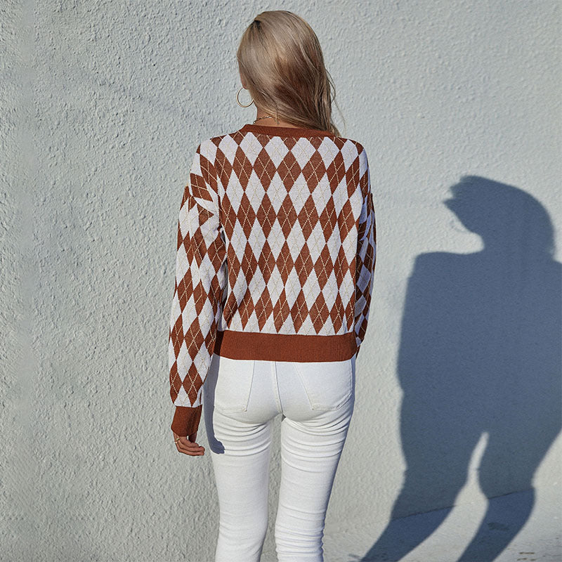 Damen eleganter Strickpullover mit Rautenmuster Drune
