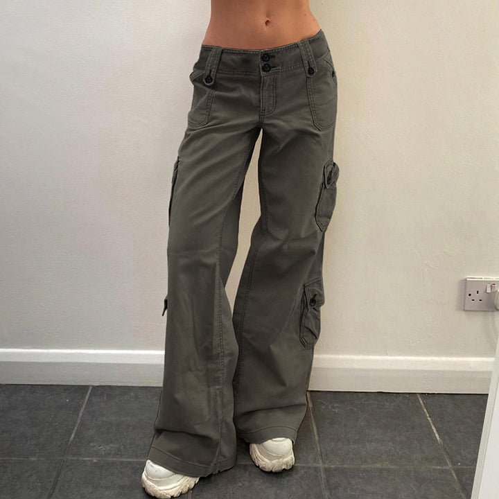 Damen nan hohe Taille Cargo-Hose mit geradem Bein, mehrfachen Klappentaschen und markanten Knopfdetails Drune