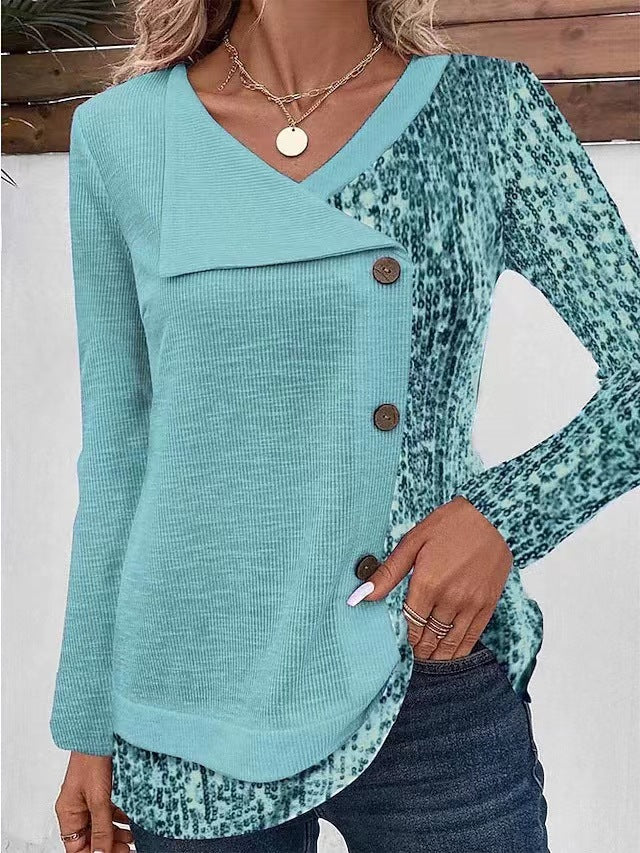 Damen Modisches Langarmshirt mit asymmetrischem Kragen und dekorativen Knopfdetails Drune