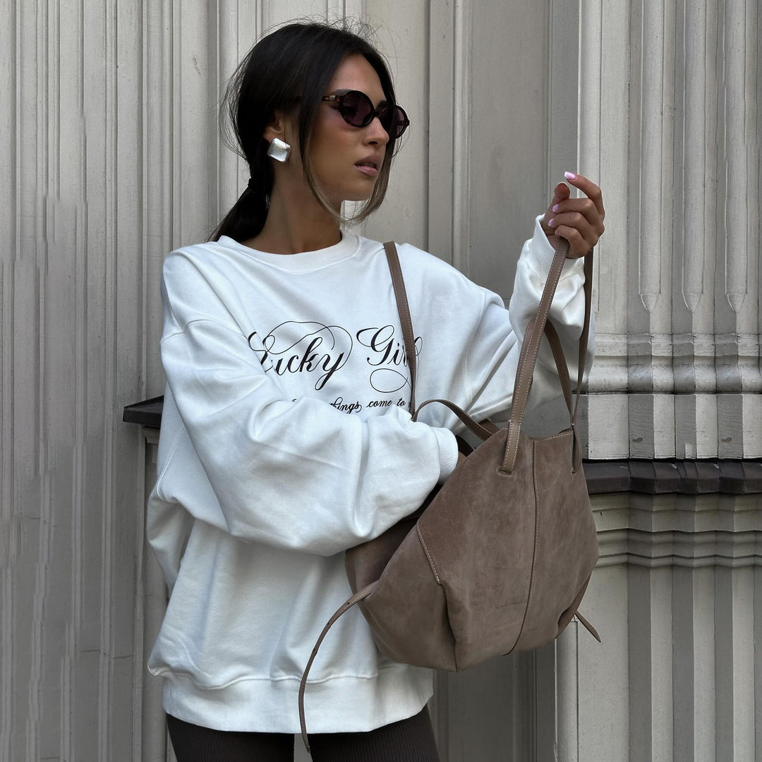 Damen lässiger Sweatshirt mit elegantem Schriftzug Drune