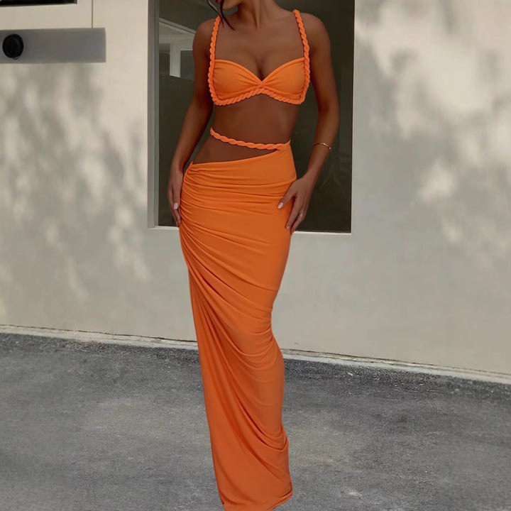 Damen Strandbekleidungs-Set mit geflochtenem Oberteil und elegantem Wickelrock Drune
