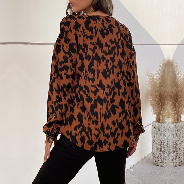 Damen Bluse mit Knotenverschluss und animalischem Print Drune