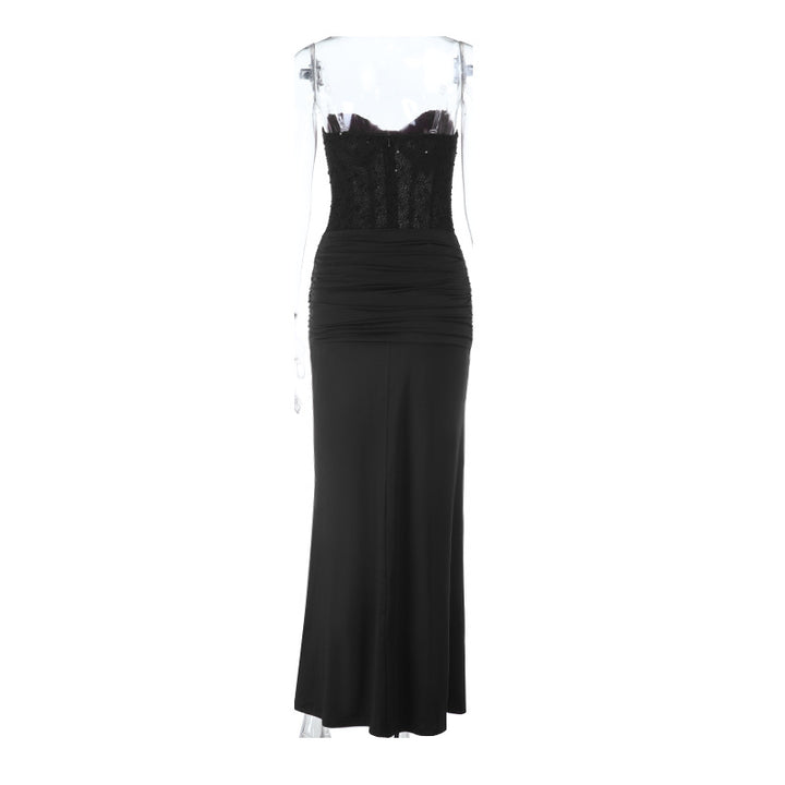 Damen schickes Maxikleid mit elegantem Bustier-Oberteil und gerafftem Rock Drune