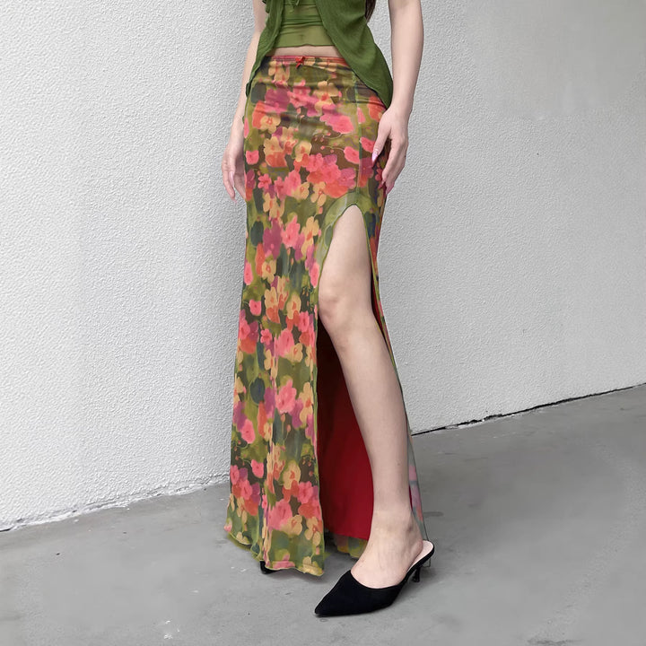 Damen Maxi-Rock mit floralem Chiffon-Design und seitlichem Schlitz Drune