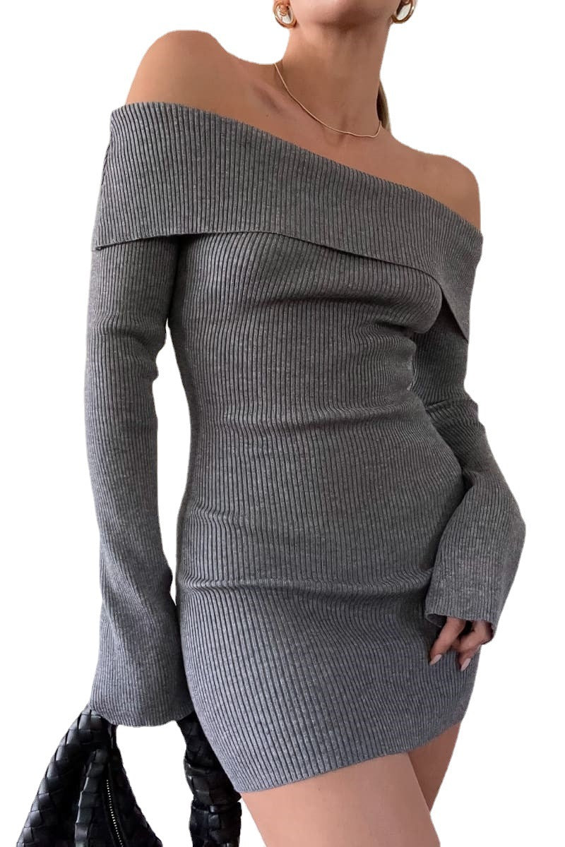 Damen figurbetontes, off-shoulder Strickkleid mit langen Ärmeln Drune