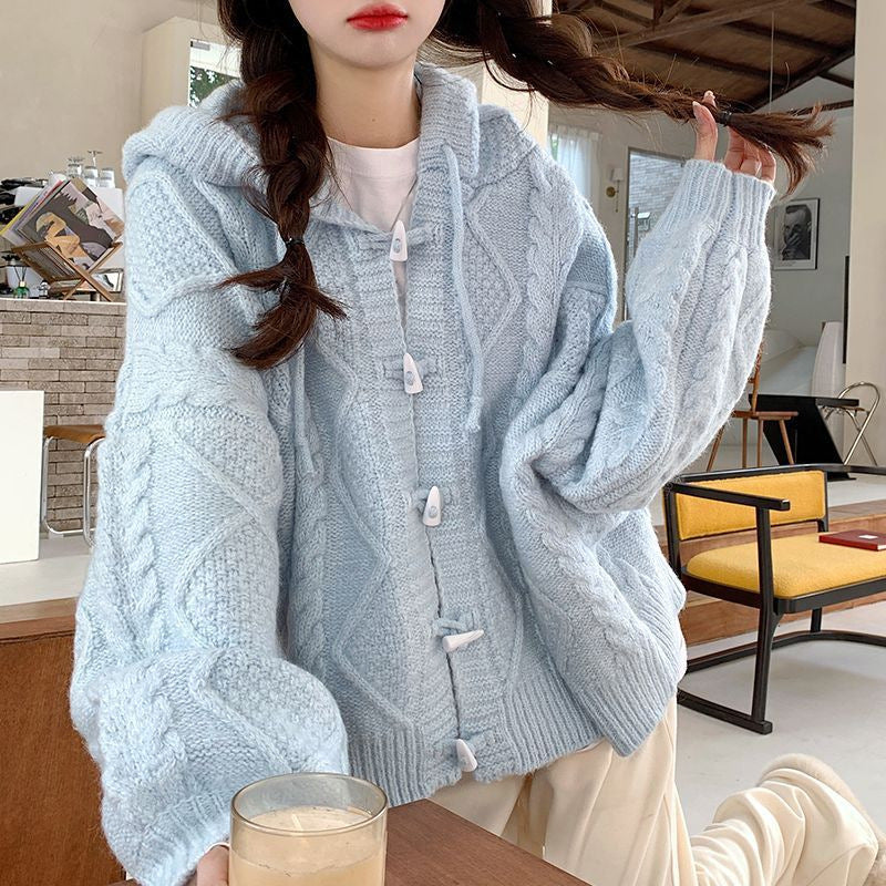 Damen Übergroße Strickjacke mit Kapuze und Zopfmuster Drune