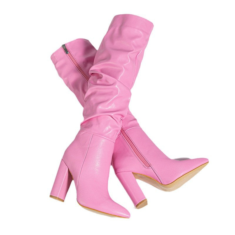 Damen Overknee-Stiefel mit modischer Raffung und elegantem Blockabsatz Drune