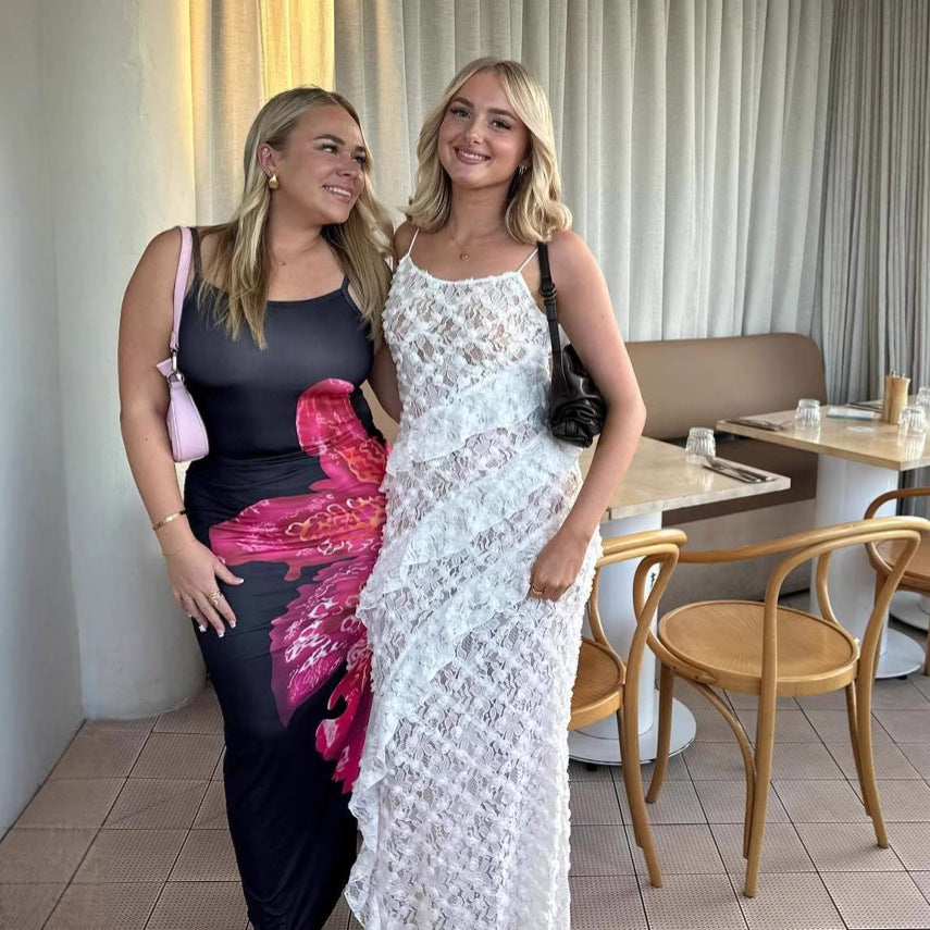 Damen Elegantes Spitzen-Maxikleid mit asymmetrischen Drapierungen Drune