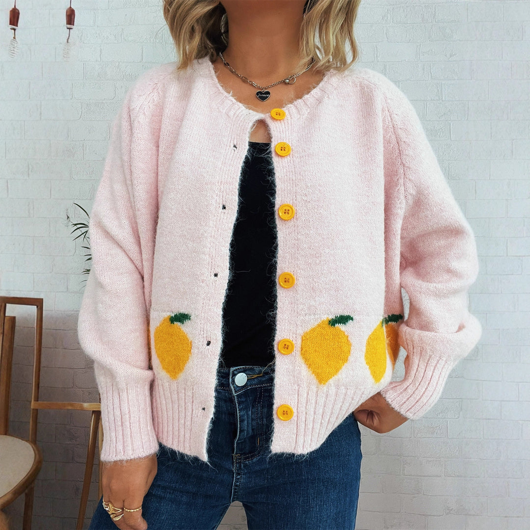 Damen kuschelige Strickjacke mit Zitronen-Motiv und bunten Knöpfen Drune