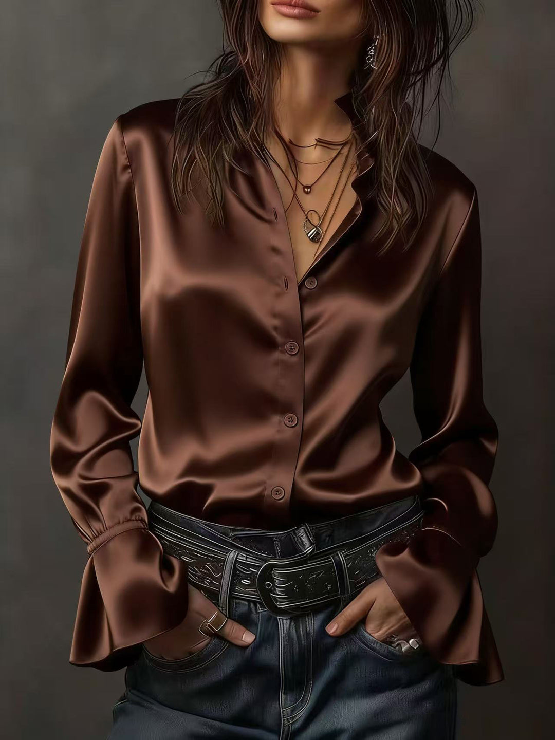 Damen Elegante Seidenbluse mit Raffungen an den Ärmeln Drune