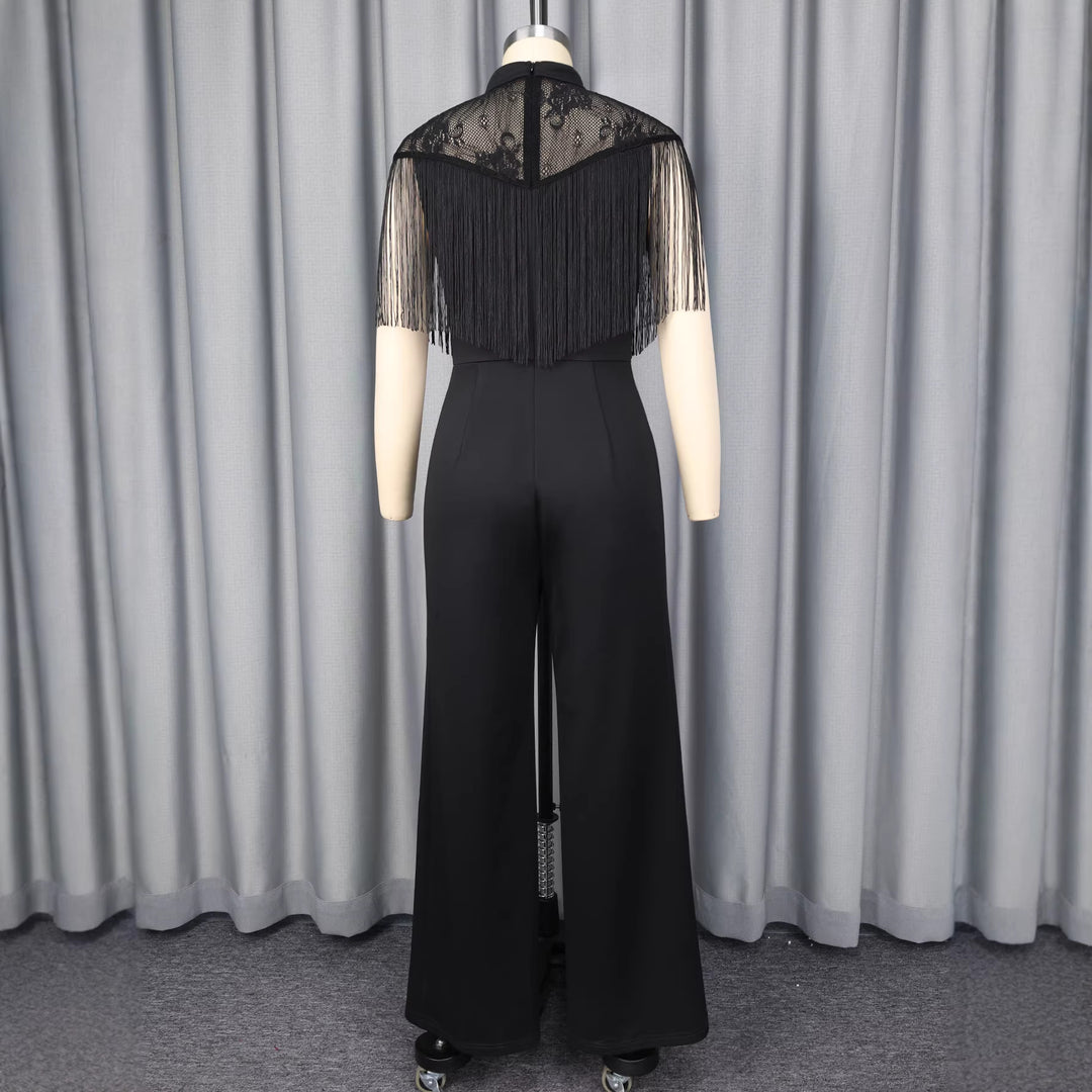 Damen Eleganter Jumpsuit mit schickem Fransen und Spitzenakzenten Drune