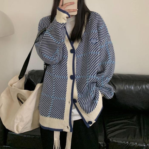 Damen lässige Strickjacke mit karierter Textur Drune