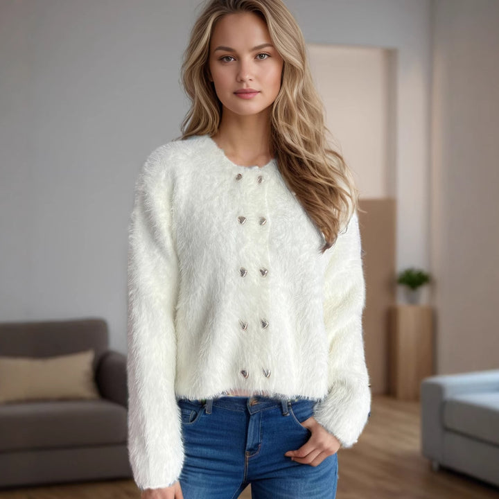 Damen flauschige Strickjacke mit herzförmigen Knöpfen und lockerer Passform Drune