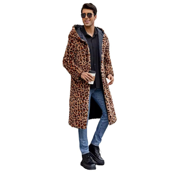 Herren Eleganter Kunstfellmantel mit Leopardenmuster Drune