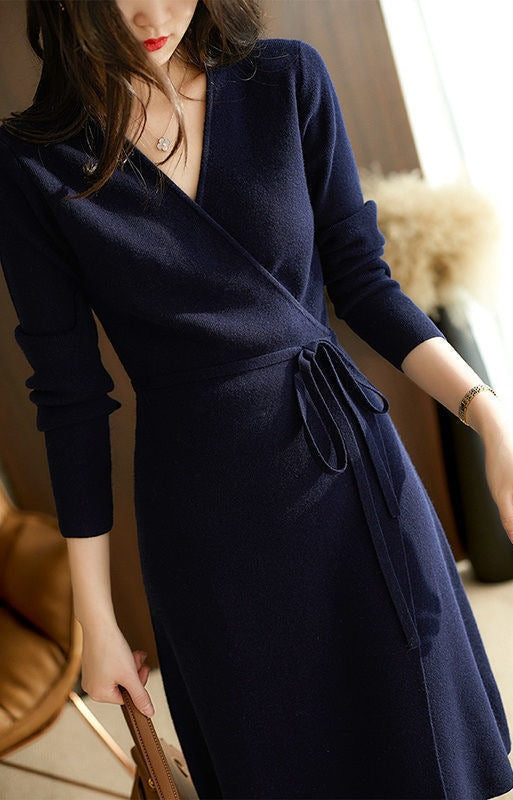Damen Wickelkleid mit langem Ärmel und eleganter Taillenkordelung Drune