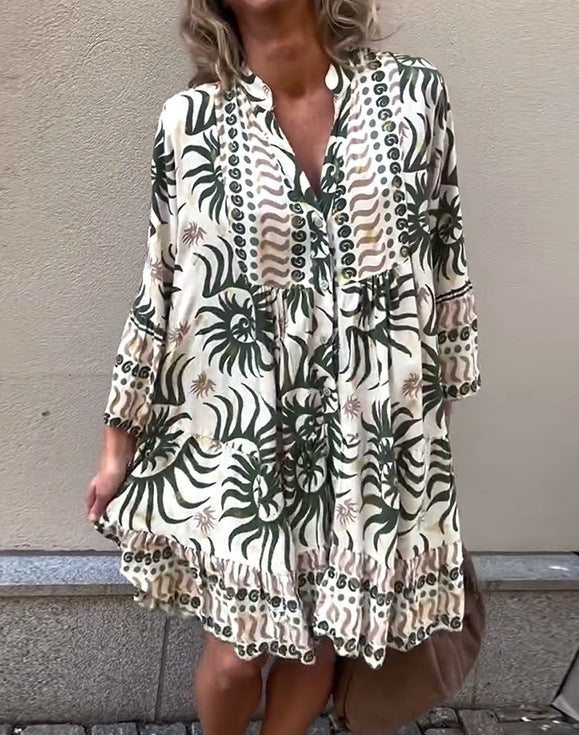 Damen nan locker geschnittenes Boho-Tunikakleid mit V-Ausschnitt geraffter Empire-Naht und Volant-Saum Drune