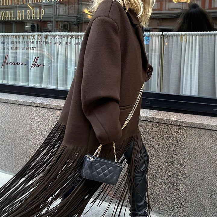 Damen Oversized Mantel mit Fransen Drune