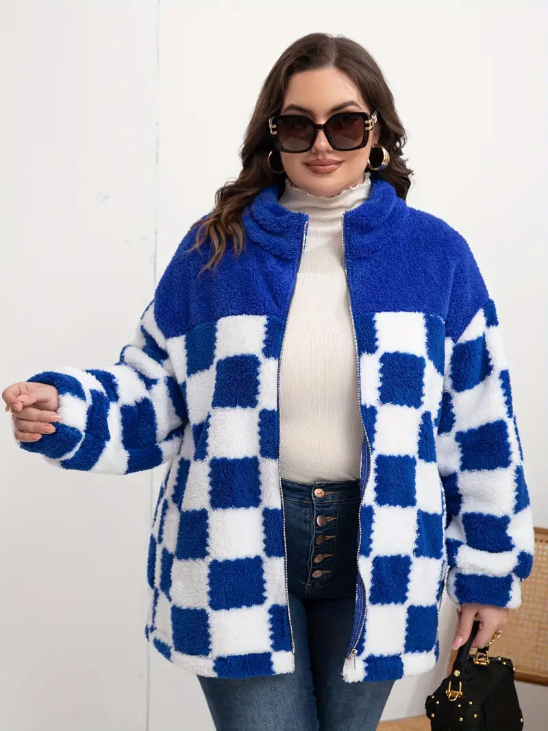 Damen Plüschjacke mit Karomuster und hohem Kragen Drune