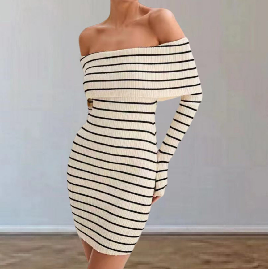 Damen Off-Shoulder Strickkleid mit langen Ärmeln und Streifenmuster Drune