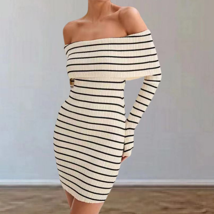 Damen Off-Shoulder Strickkleid mit langen Ärmeln und Streifenmuster Drune