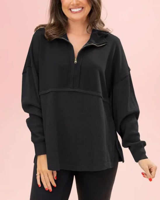 Damen lässiger Pullover mit halbem Reißverschluss und voluminösen Ärmeln Drune